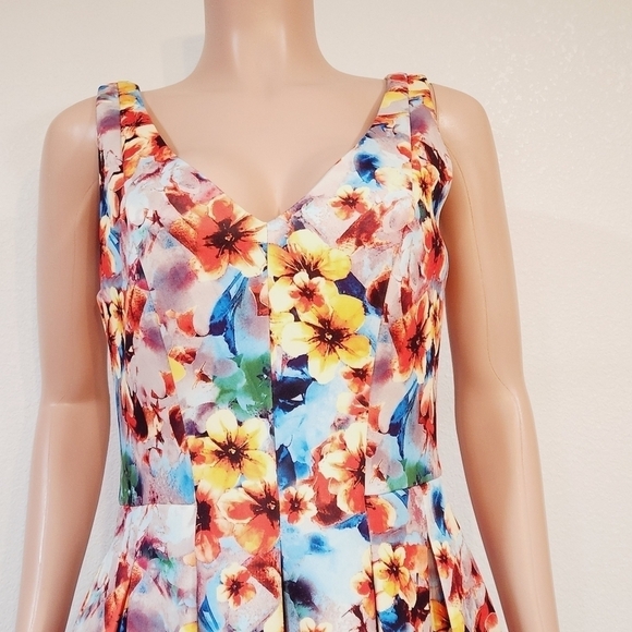 Betsey Johnson Floral Scuba V-Neck Fit Flare Skater A-Line Orange Blue Dress - Picture 3 of 13